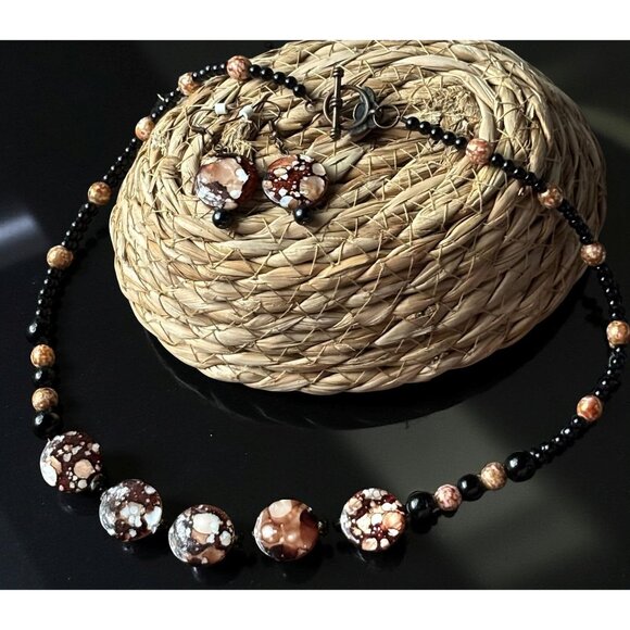 Brown and Black Acrylic Bead Necklace & Earring Set – 20" Toggle Necklace with D - Picture 3 of 7